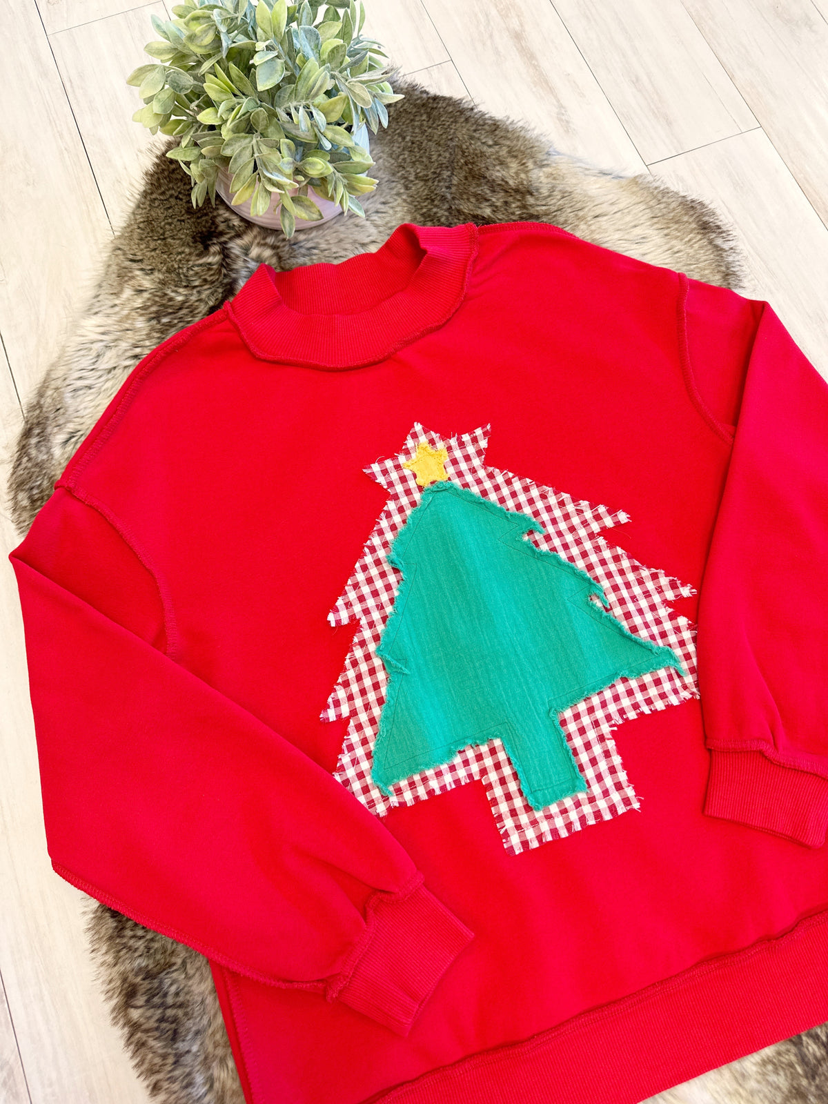Red Mockneck Christmas Tree Patch Pullover - Women’s Sweatshirt Top - by Evermmee - Loose Fit