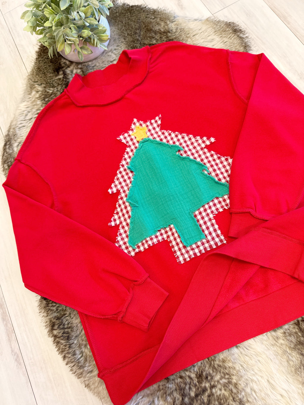 Red Mockneck Christmas Tree Patch Pullover - Women’s Sweatshirt Top - by Evermmee - Loose Fit