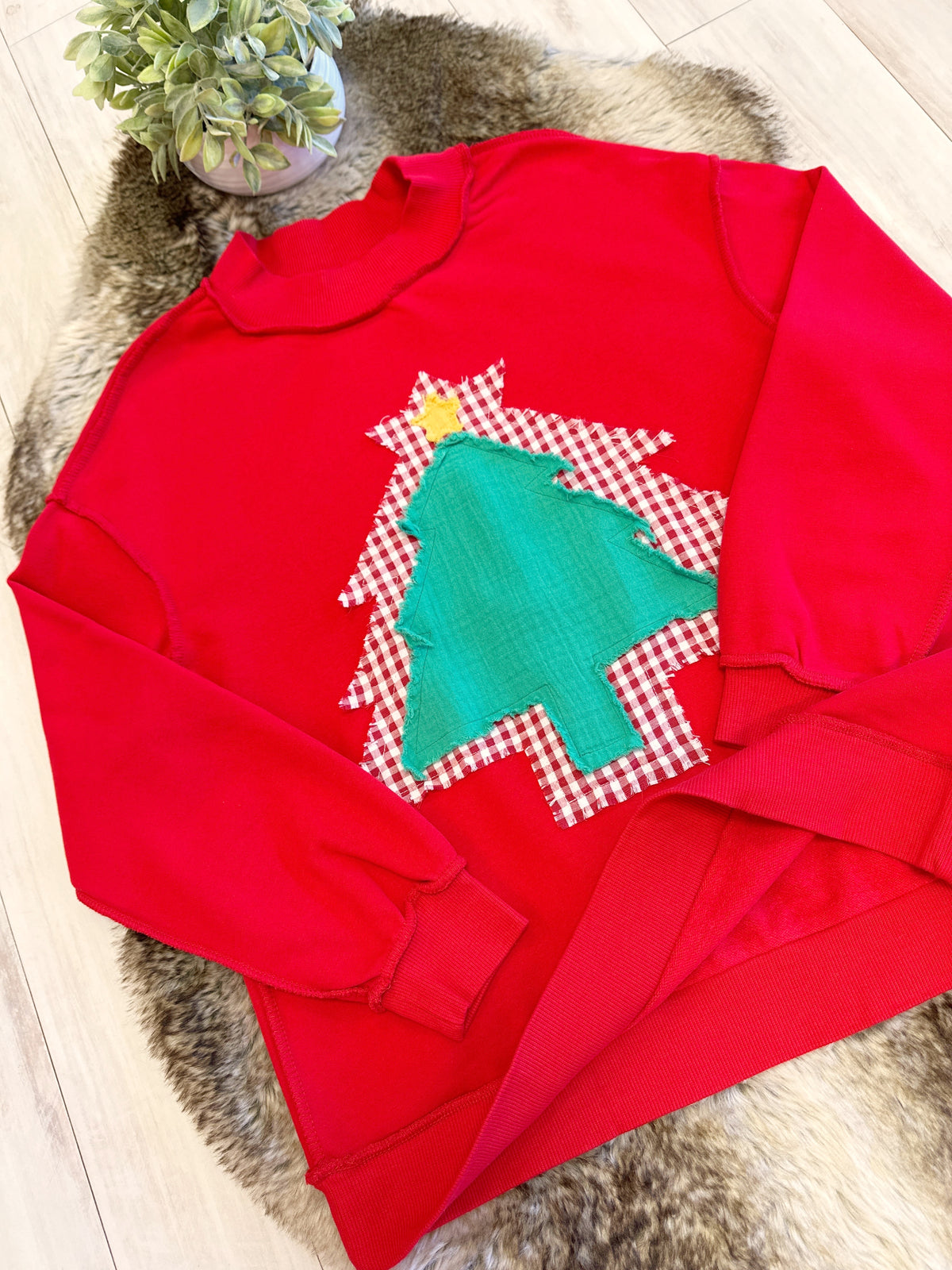 Red Mockneck Christmas Tree Patch Pullover - Women’s Sweatshirt Top - by Evermmee - Loose Fit