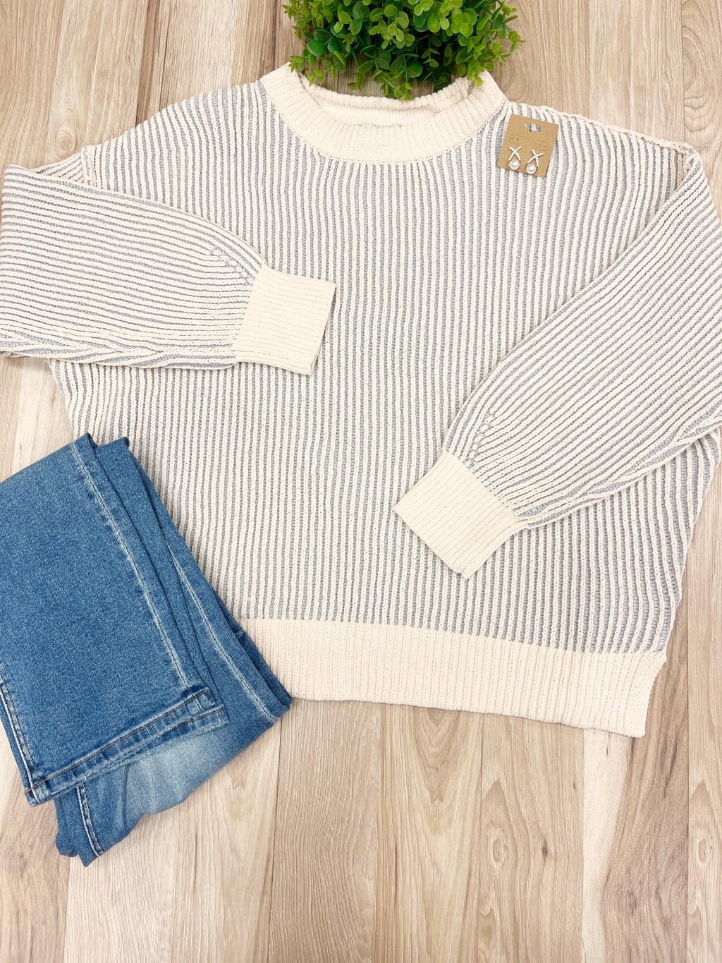 Light Grey Striped Ribbed - Women’s Sweater Top - by Zenana - True to Size