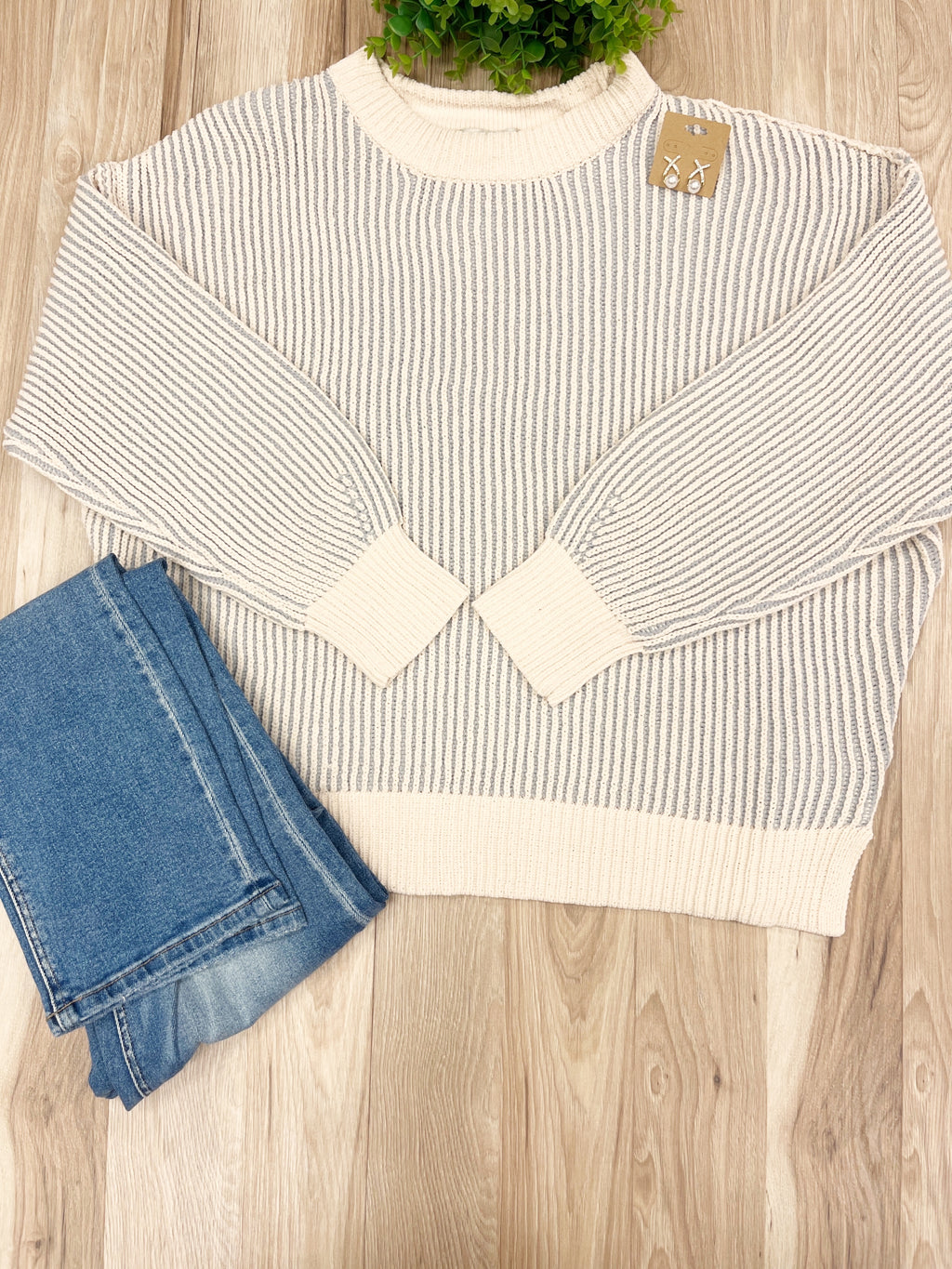 Light Grey Striped Ribbed - Women’s Sweater Top - by Zenana - True to Size