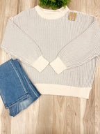 Light Grey Striped Ribbed - Women’s Sweater Top - by Zenana - True to Size