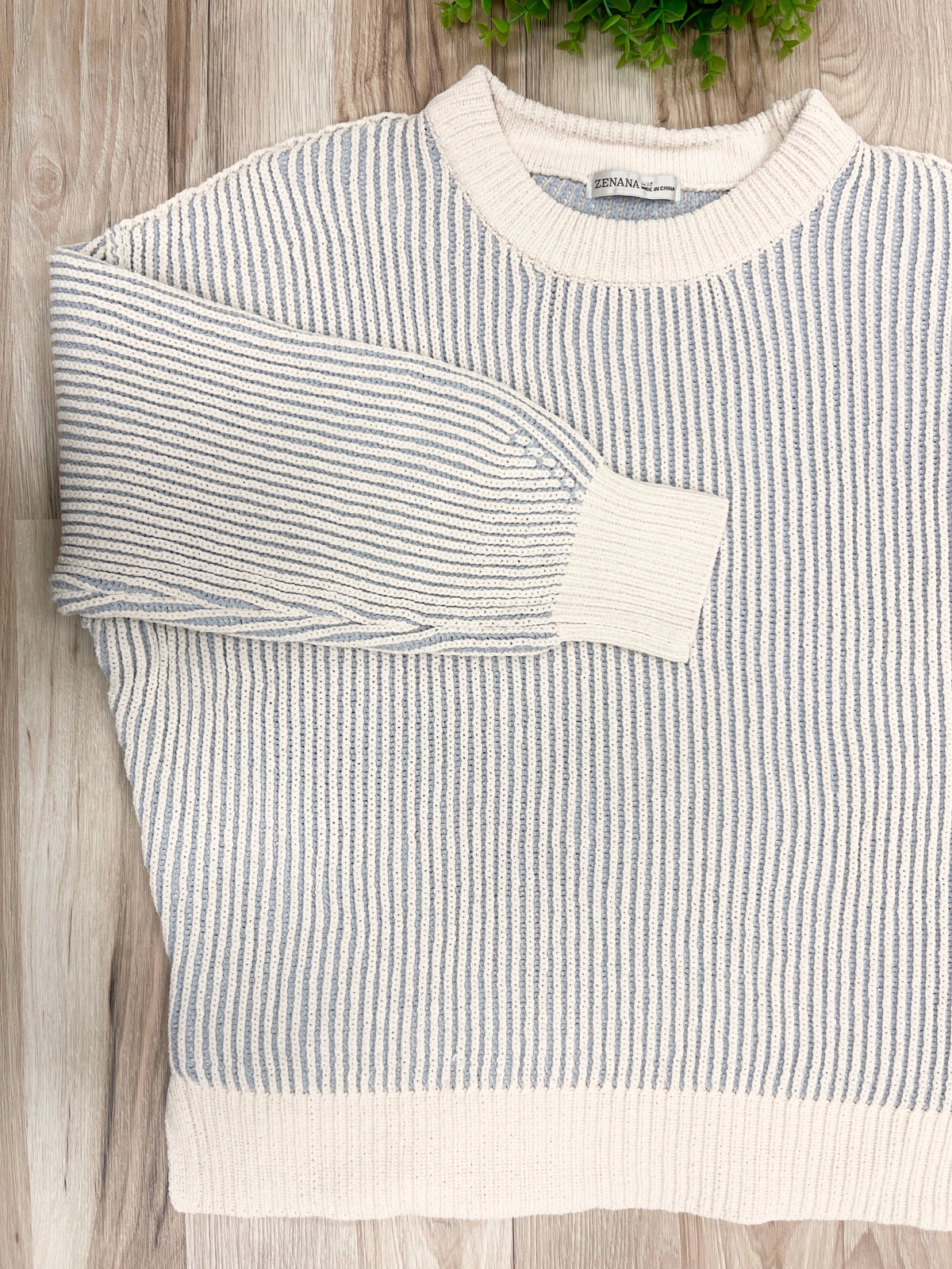 Light Grey Striped Ribbed - Women’s Sweater Top - by Zenana - True to Size