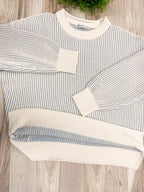 Light Grey Striped Ribbed - Women’s Sweater Top - by Zenana - True to Size