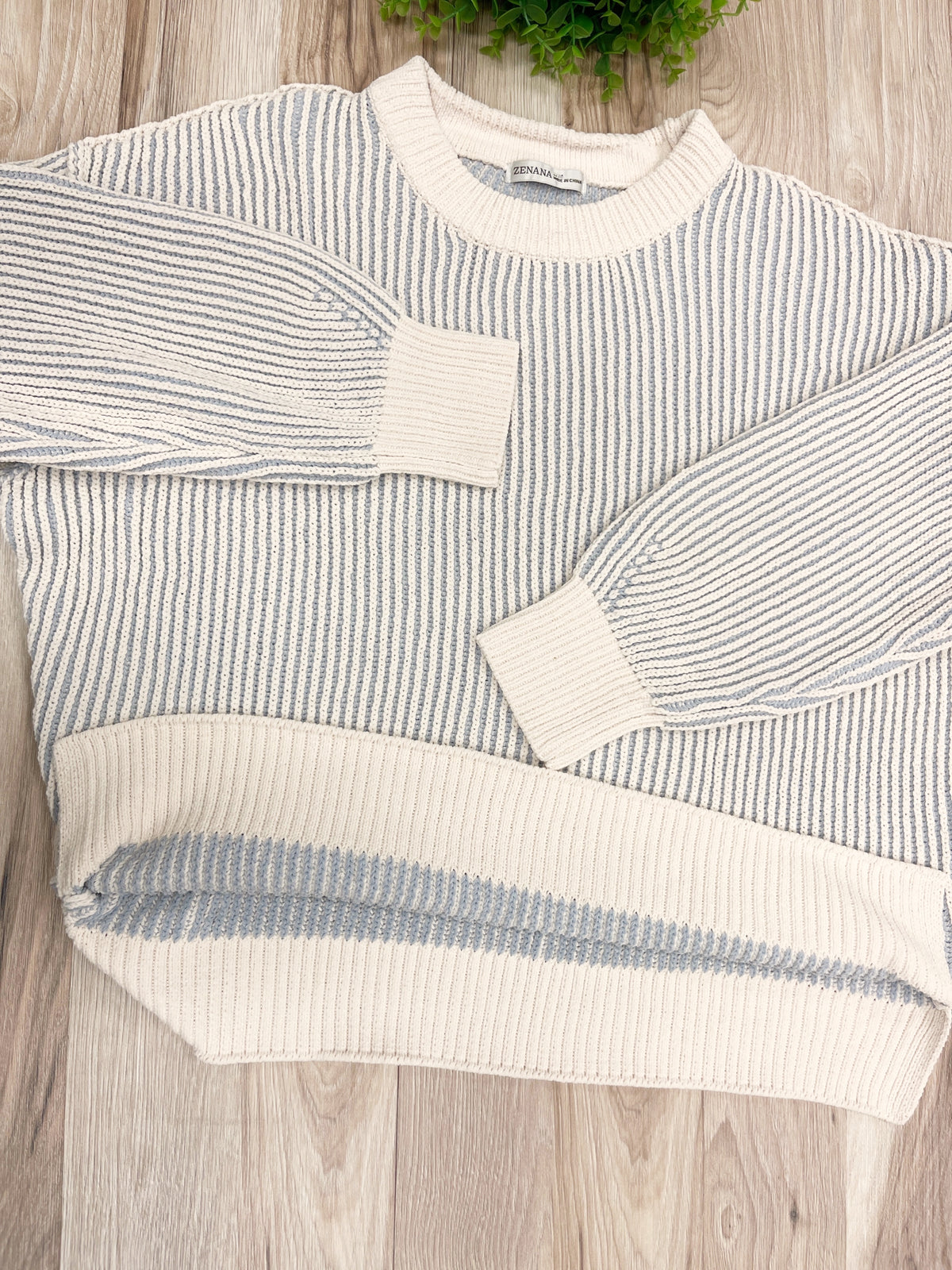 Light Grey Striped Ribbed - Women’s Sweater Top - by Zenana - True to Size
