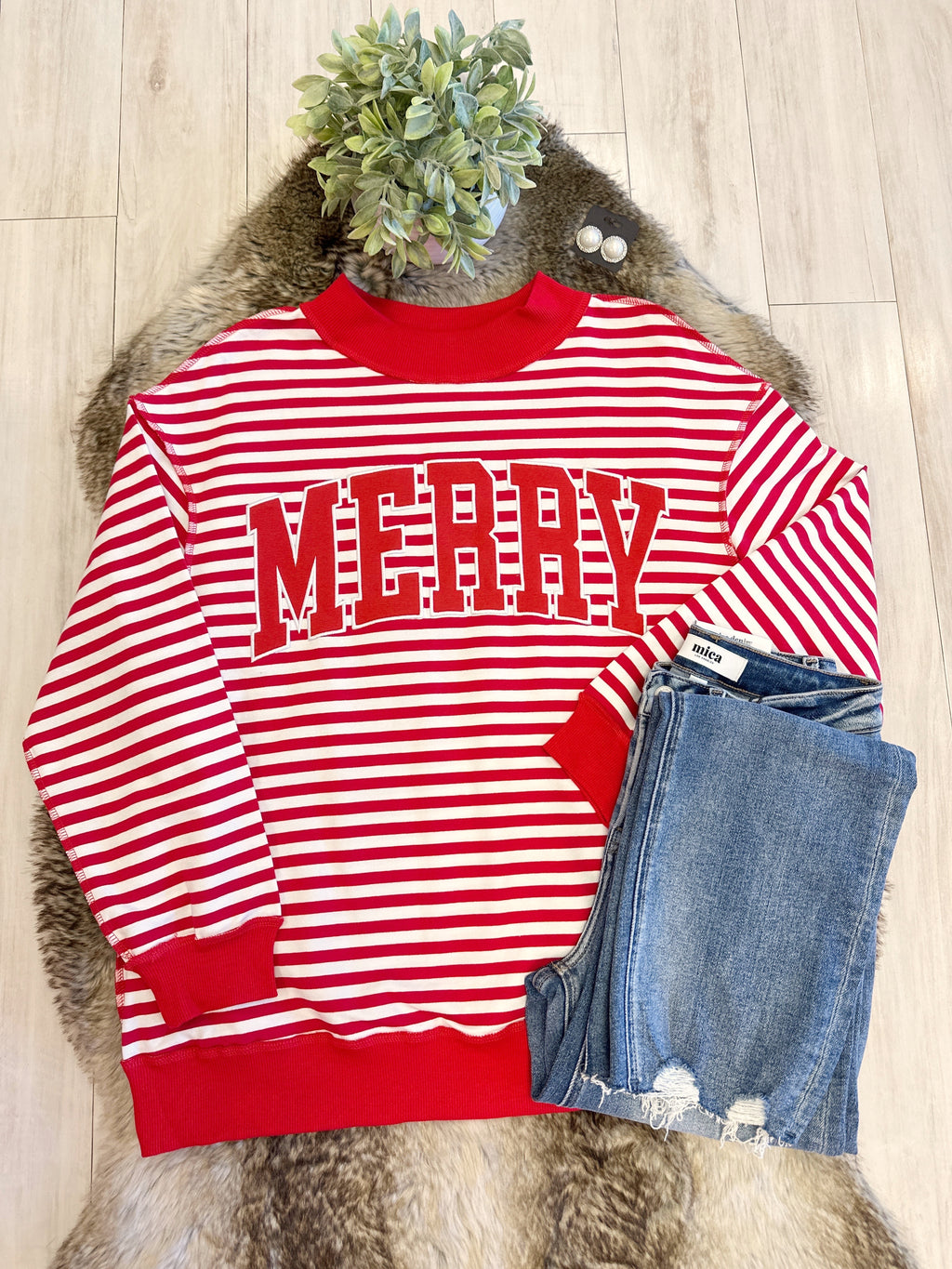 Red & White Striped Christmas Pullover featuring “Merry” Detail - Women’s Sweatshirt Top - by Evermmee - Oversized