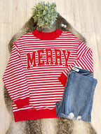 Red & White Striped Christmas Pullover featuring “Merry” Detail - Women’s Sweatshirt Top - by Evermmee - Oversized