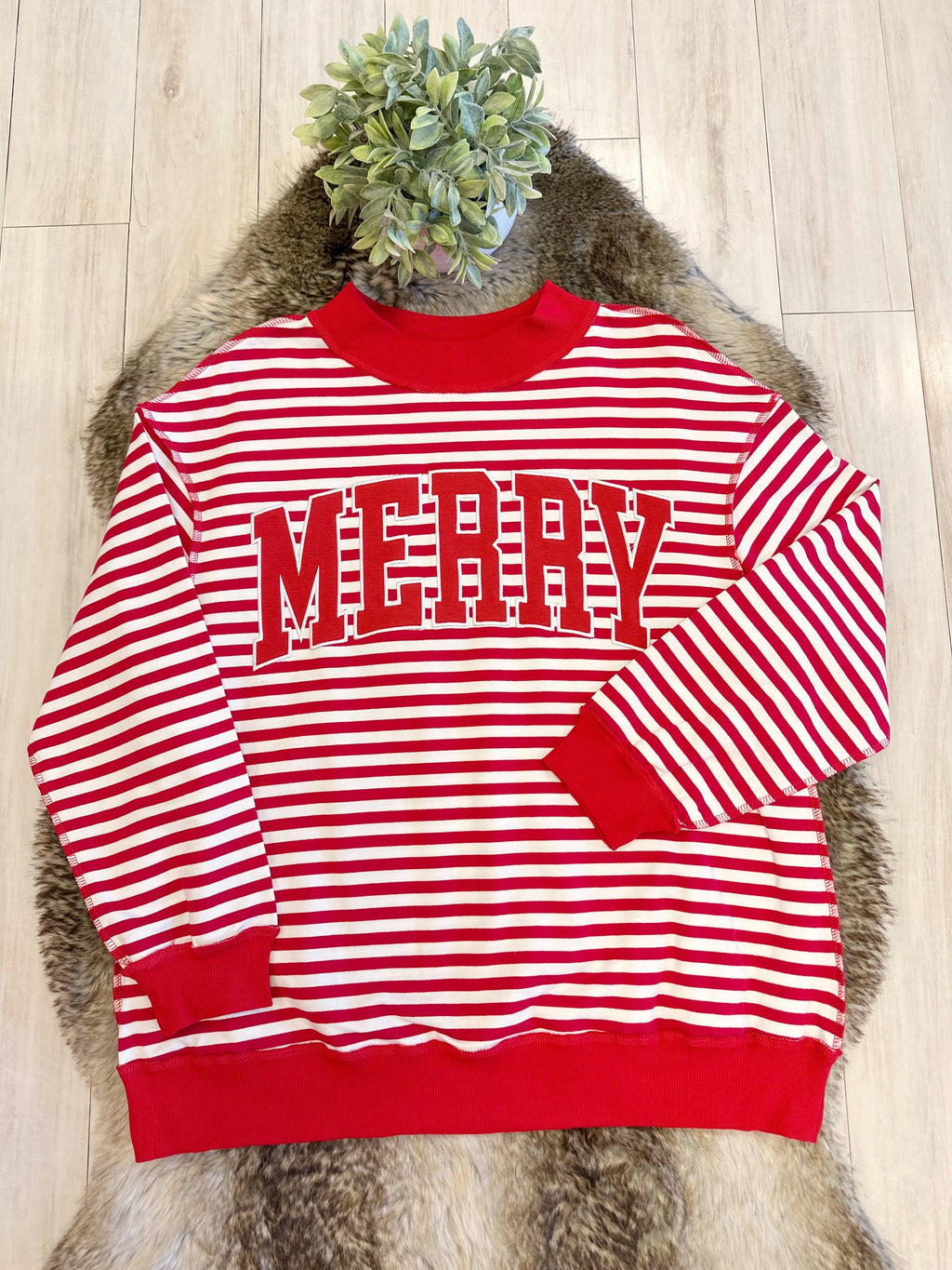 Red & White Striped Christmas Pullover featuring “Merry” Detail - Women’s Sweatshirt Top - by Evermmee - Oversized