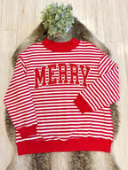Red & White Striped Christmas Pullover featuring “Merry” Detail - Women’s Sweatshirt Top - by Evermmee - Oversized