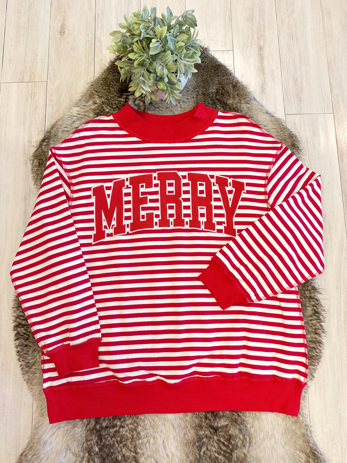 Red & White Striped Christmas Pullover featuring “Merry” Detail - Women’s Sweatshirt Top - by Evermmee - Oversized