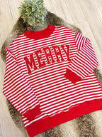 Red & White Striped Christmas Pullover featuring “Merry” Detail - Women’s Sweatshirt Top - by Evermmee - Oversized
