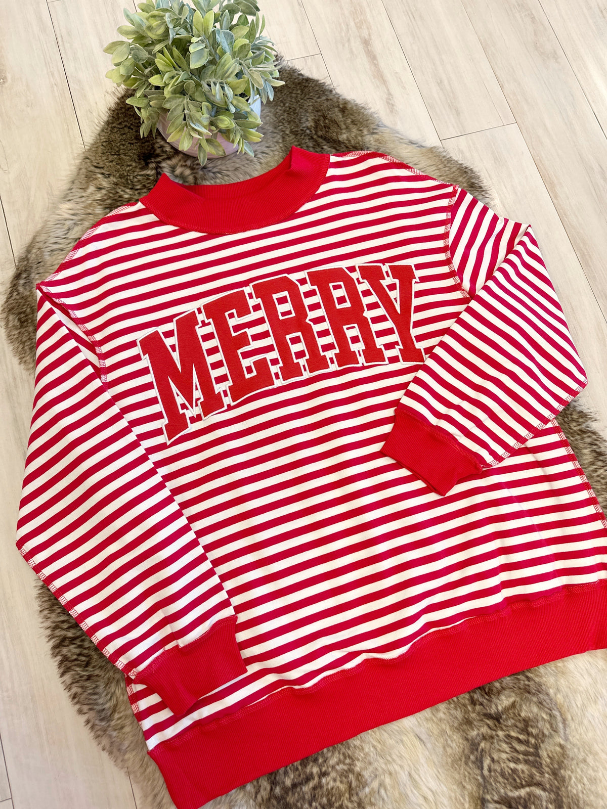 Red & White Striped Christmas Pullover featuring “Merry” Detail - Women’s Sweatshirt Top - by Evermmee - Oversized