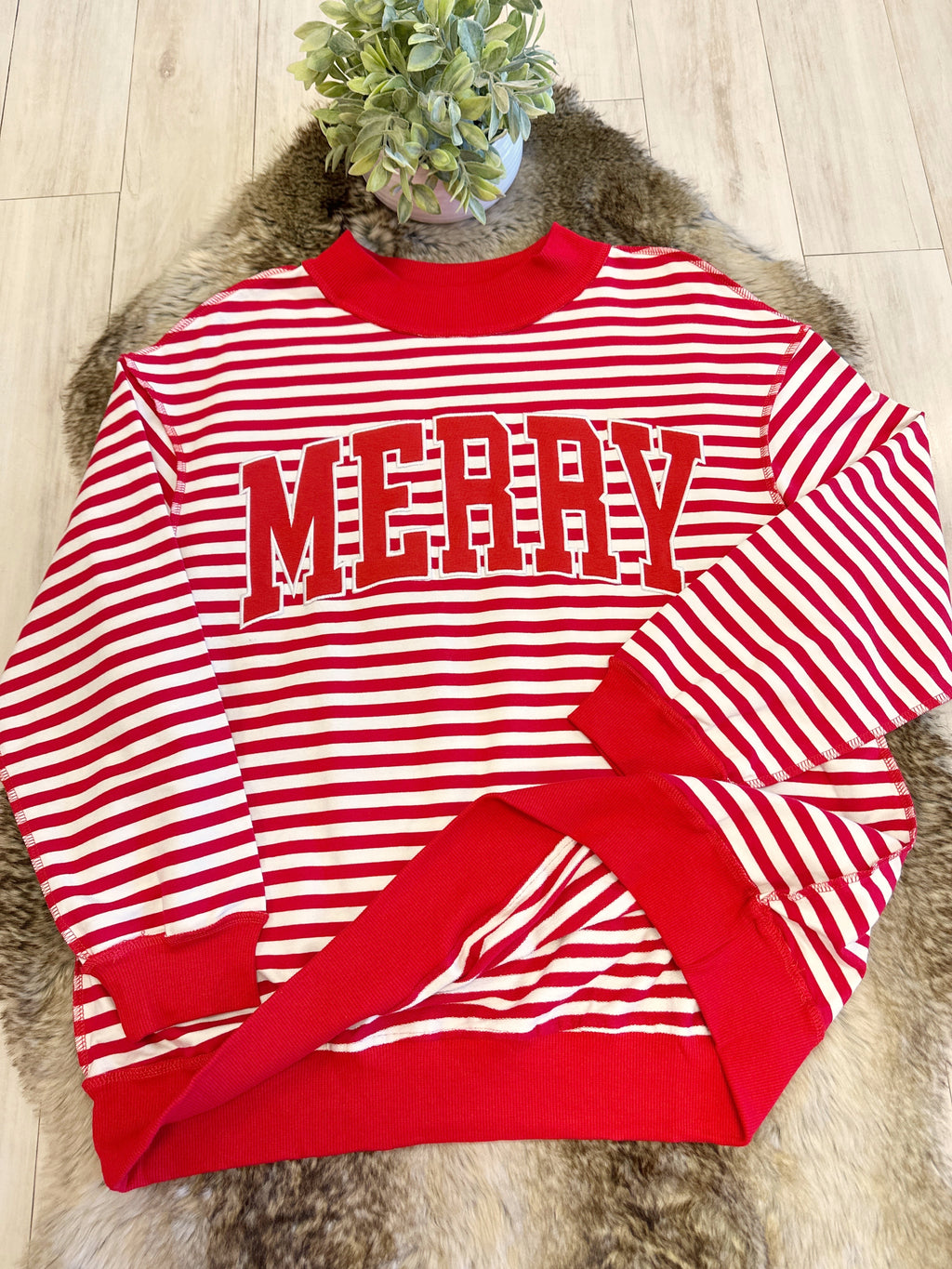 Red & White Striped Christmas Pullover featuring “Merry” Detail - Women’s Sweatshirt Top - by Evermmee - Oversized