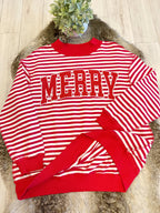 Red & White Striped Christmas Pullover featuring “Merry” Detail - Women’s Sweatshirt Top - by Evermmee - Oversized