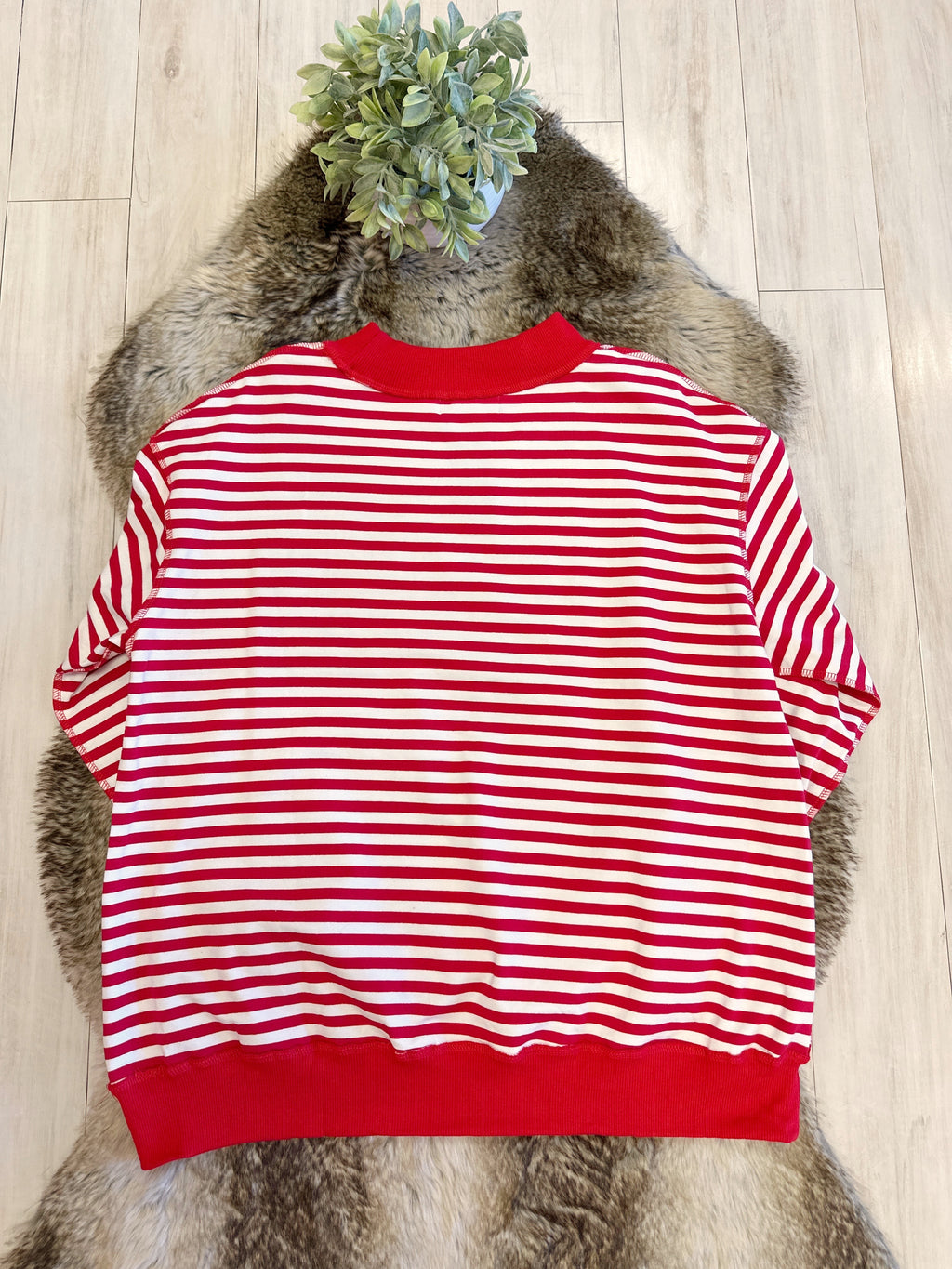 Red & White Striped Christmas Pullover featuring “Merry” Detail - Women’s Sweatshirt Top - by Evermmee - Oversized