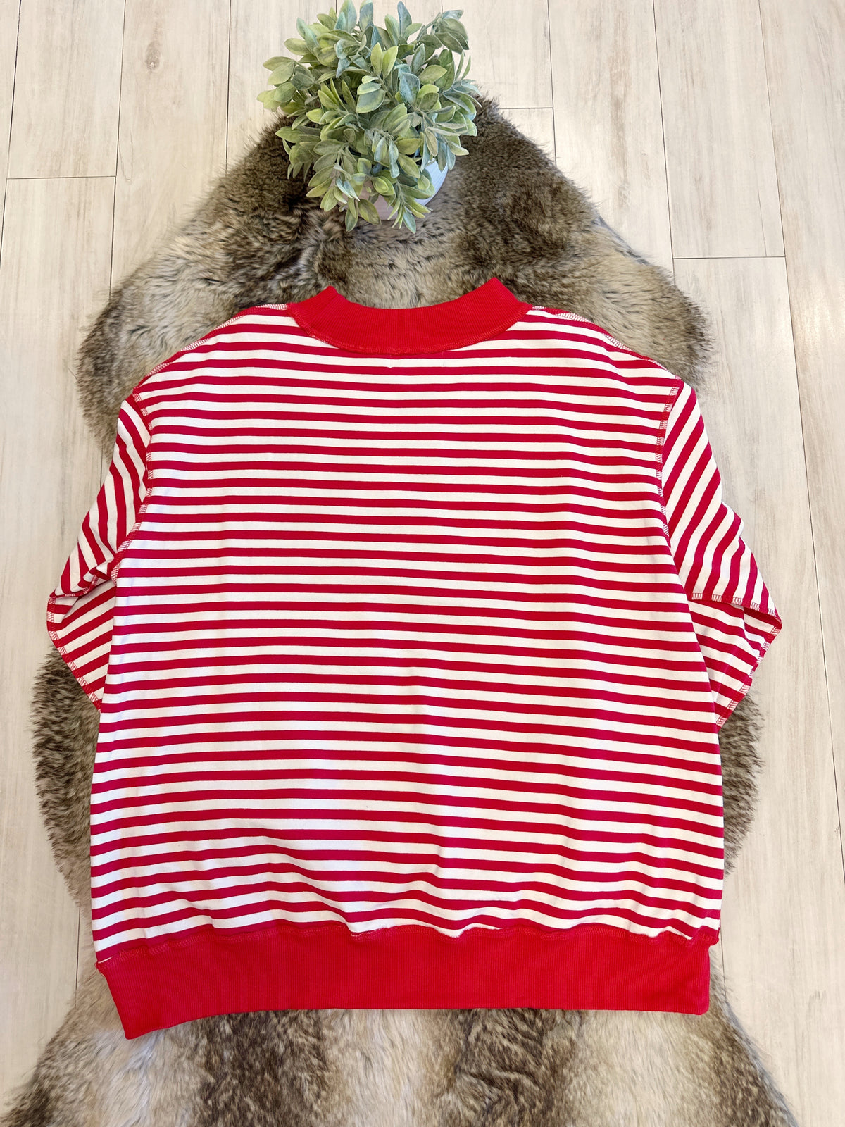 Red & White Striped Christmas Pullover featuring “Merry” Detail - Women’s Sweatshirt Top - by Evermmee - Oversized