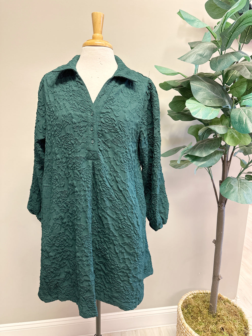 Green Floral Detailed Button Up - Women’s Dress - by Umgee - True to Size