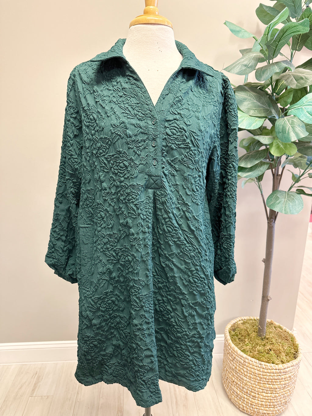 Green Floral Detailed Button Up - Women’s Dress - by Umgee - True to Size