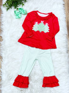 Red Ruffle Christmas Trees - Girls Pants Outfit - by Mini Mee - True to Size