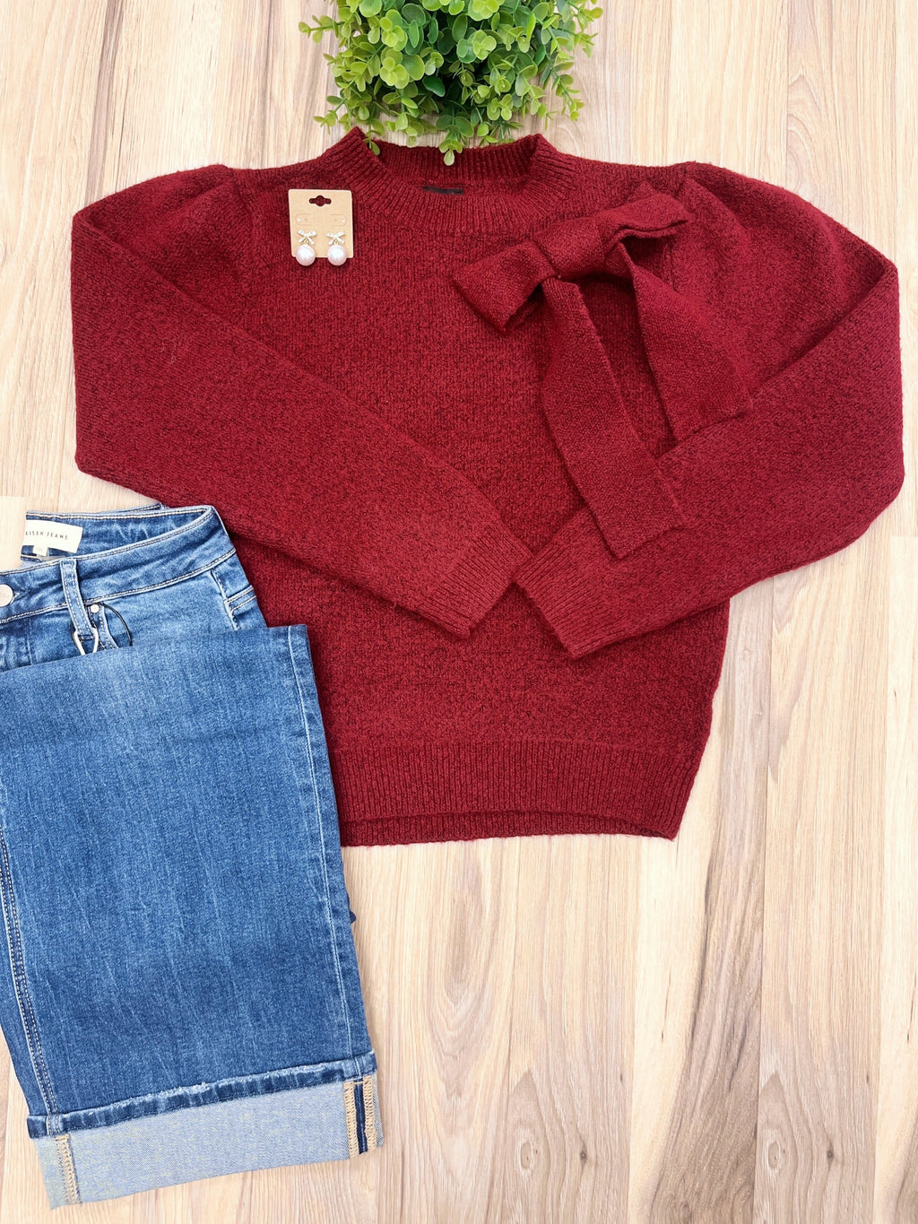 Burgundy Bow - Women’s Sweater Top - by LUMIERE - True to Size