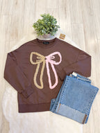 Brown Pullover with Beige & Pink Bow Detail - Women’s Sweater Top - by Evermmee - True to Size