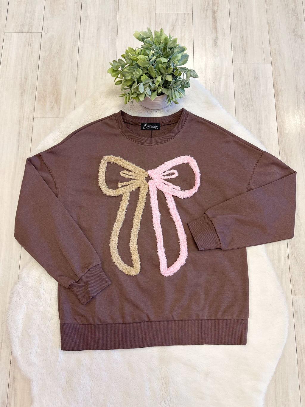Brown Pullover with Beige & Pink Bow Detail - Women’s Sweater Top - by Evermmee - True to Size