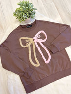 Brown Pullover with Beige & Pink Bow Detail - Women’s Sweater Top - by Evermmee - True to Size
