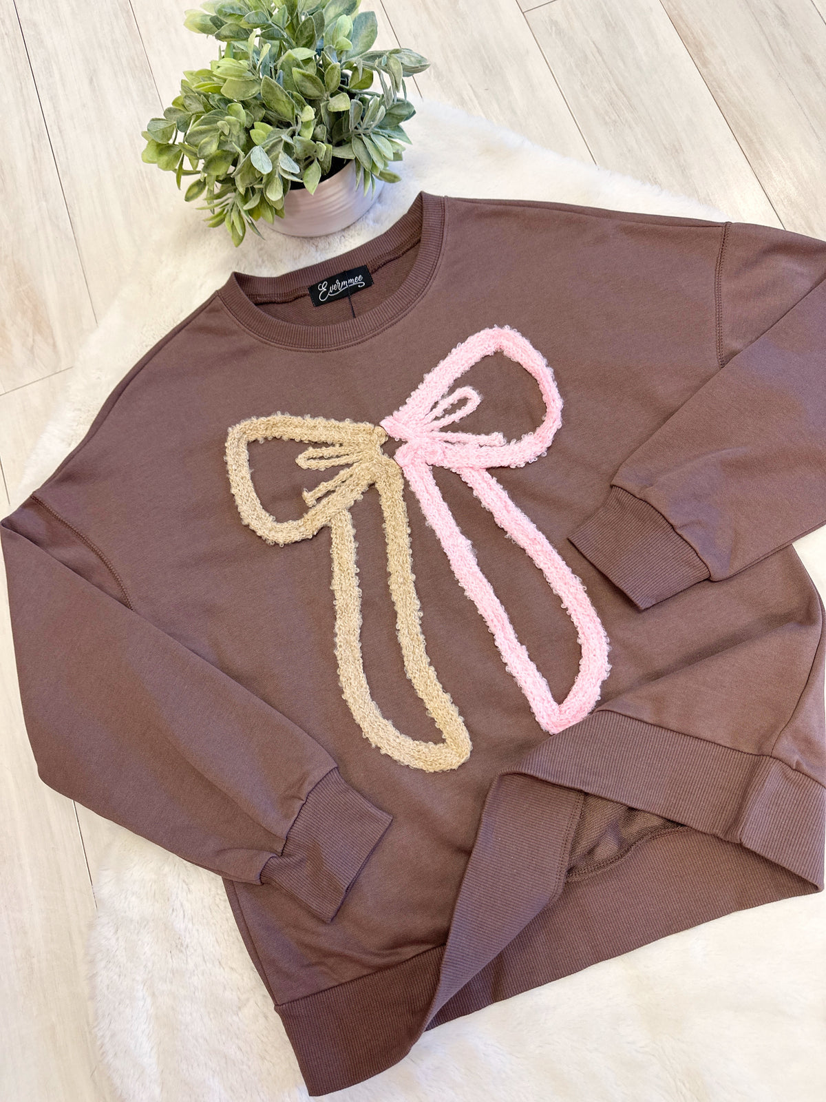 Brown Pullover with Beige & Pink Bow Detail - Women’s Sweater Top - by Evermmee - True to Size