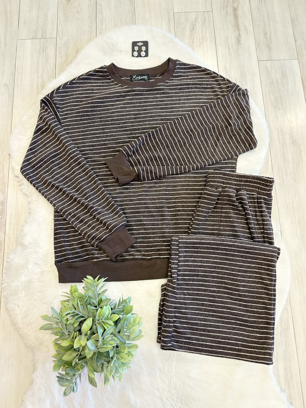 Dark Brown Set with White Stripes - Women’s 2 Piece Pants Set - by Evermmee - True to Size