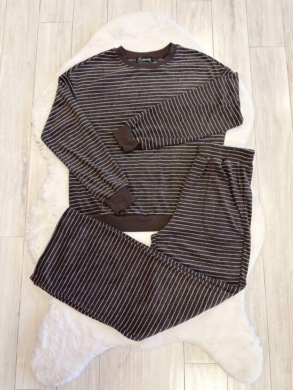 Dark Brown Set with White Stripes - Women’s 2 Piece Pants Set - by Evermmee - True to Size