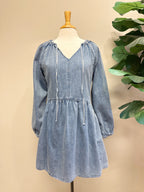 Denim Long Sleeve V-neck Dress - Women’s Midi Dress - by Evermmee - True to Size