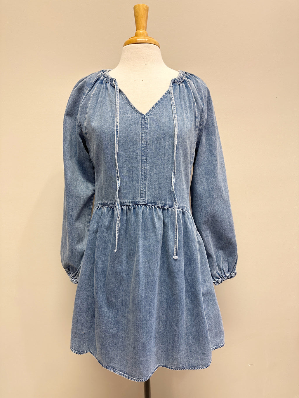Denim Long Sleeve V-neck Dress - Women’s Midi Dress - by Evermmee - True to Size