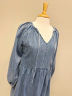 Denim Long Sleeve V-neck Dress - Women’s Midi Dress - by Evermmee - True to Size