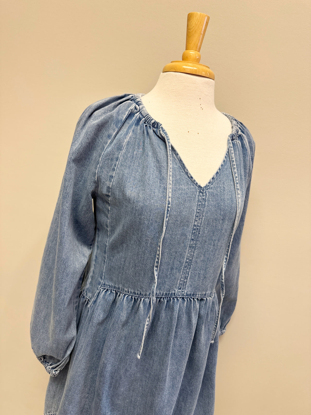 Denim Long Sleeve V-neck Dress - Women’s Midi Dress - by Evermmee - True to Size
