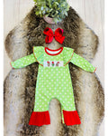 Green Grinch Character Christmas Romper with White Polka Dots - Girls Romper - by Mini Mee - True to Size