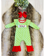 Green Grinch Character Christmas Romper with White Polka Dots - Girls Romper - by Mini Mee - True to Size