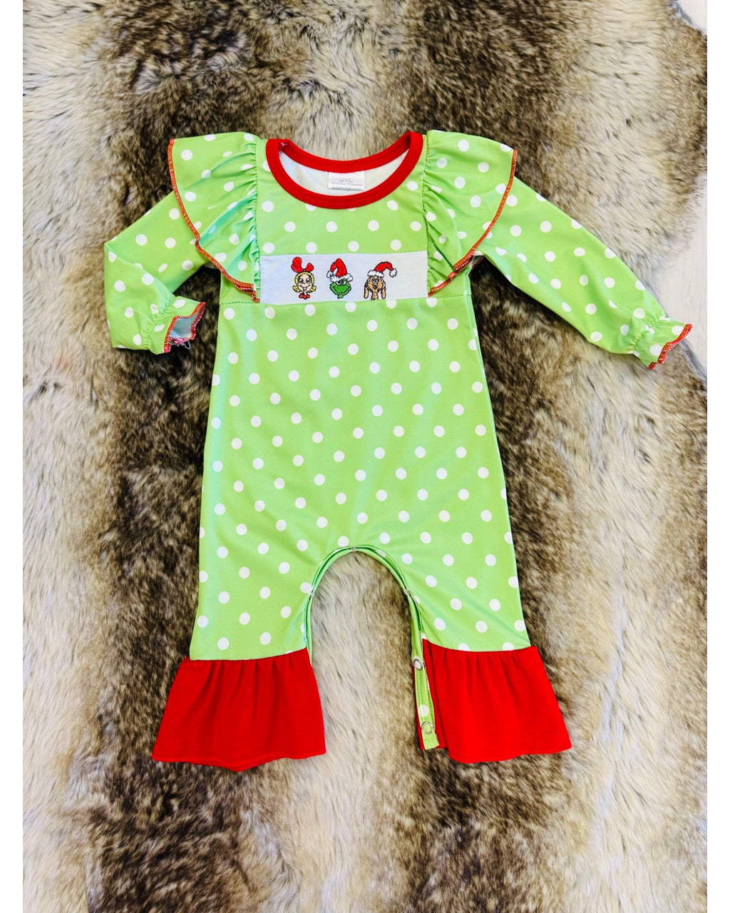 Green Grinch Character Christmas Romper with White Polka Dots - Girls Romper - by Mini Mee - True to Size