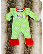 Green Grinch Character Christmas Romper with White Polka Dots - Girls Romper - by Mini Mee - True to Size