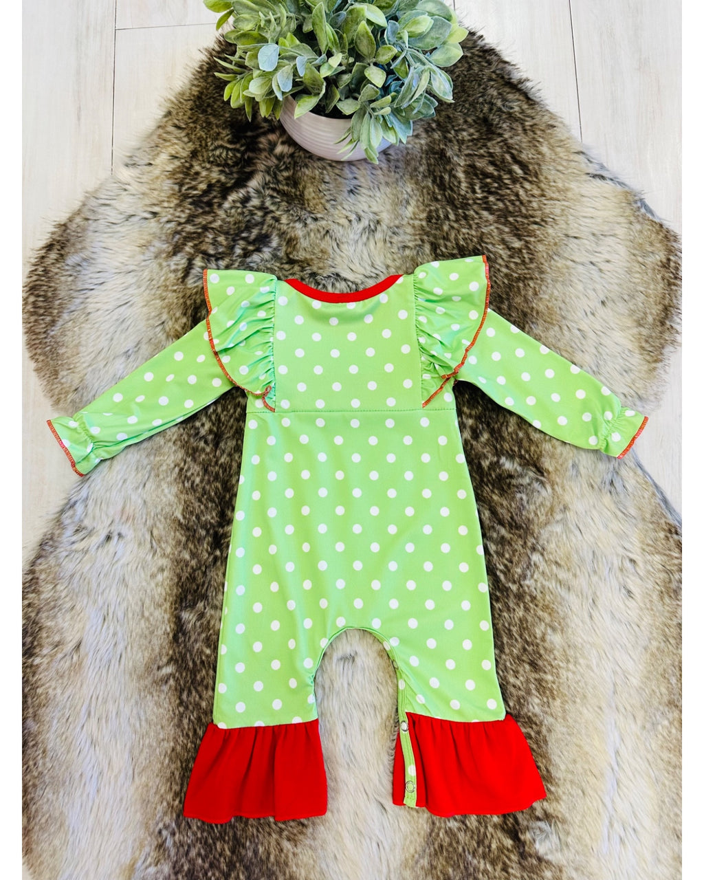 Green Grinch Character Christmas Romper with White Polka Dots - Girls Romper - by Mini Mee - True to Size