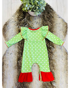 Green Grinch Character Christmas Romper with White Polka Dots - Girls Romper - by Mini Mee - True to Size