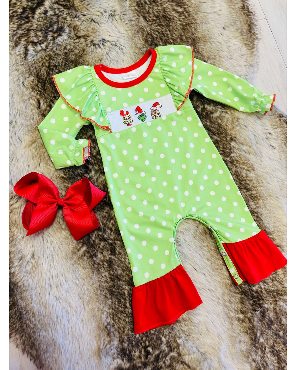Green Grinch Character Christmas Romper with White Polka Dots - Girls Romper - by Mini Mee - True to Size