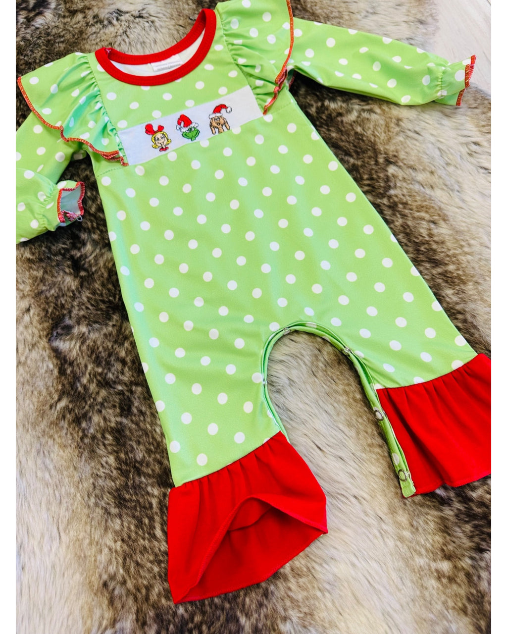 Green Grinch Character Christmas Romper with White Polka Dots - Girls Romper - by Mini Mee - True to Size