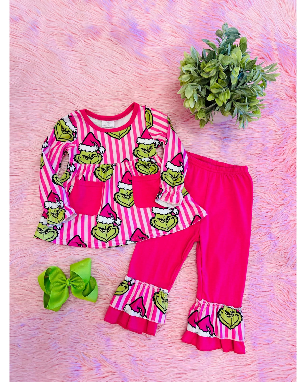 Pink Stripe Grinch Outift - Girls Pants Outfit - by Mini Mee - True to Size