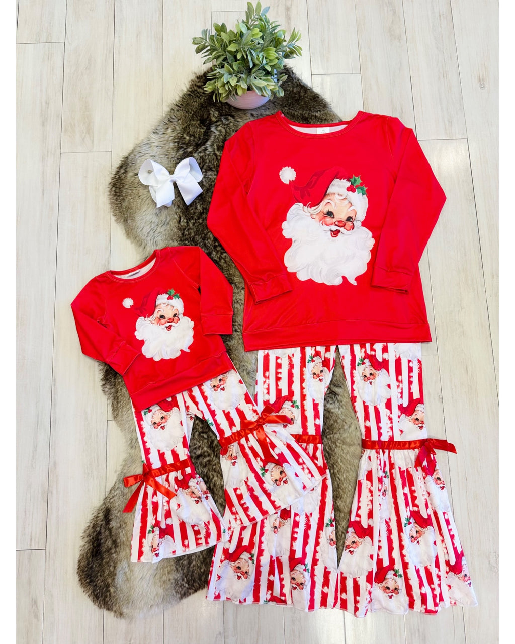 Red & White Striped Santa Christmas Outfit with Bow Detail - Girls Pants Outfit - by Mini Mee - True to Size