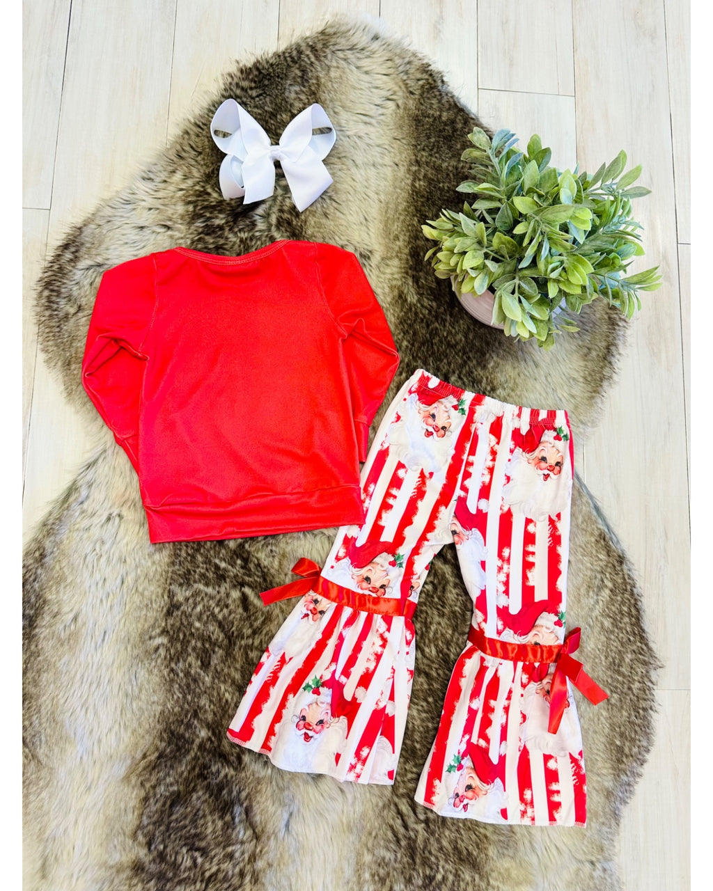 Red & White Striped Santa Christmas Outfit with Bow Detail - Girls Pants Outfit - by Mini Mee - True to Size