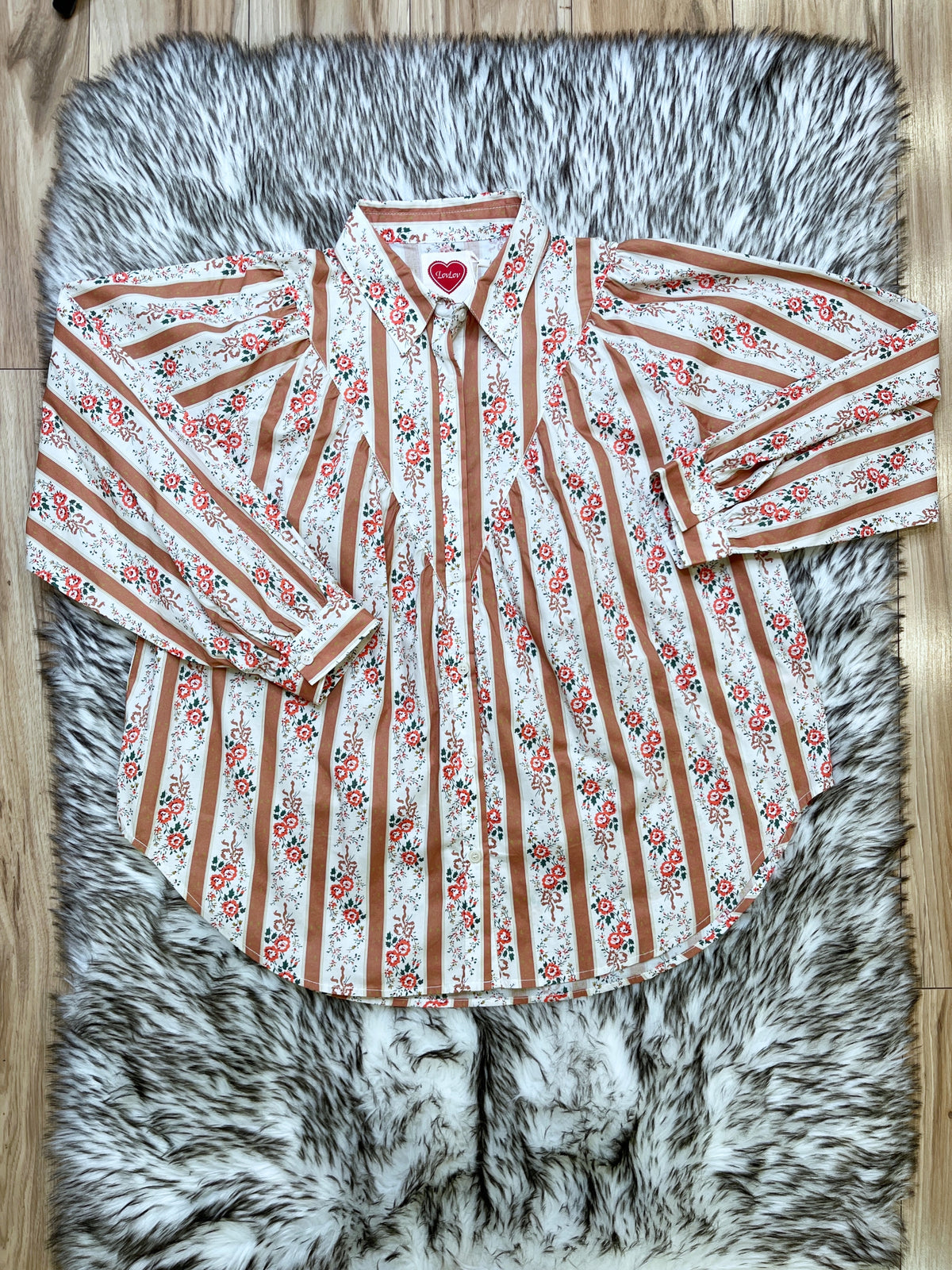 Floral Striped Button Up - Women’s Blouse Top - by LovLov - Oversized