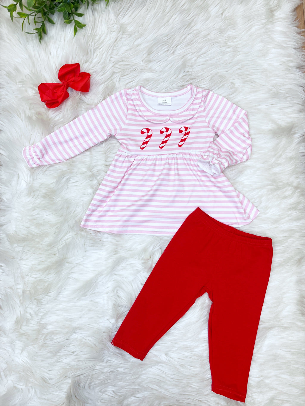 Pink and White Striped Candy Cane - Girls Pants Outfit - by Mini Mee - True to Size