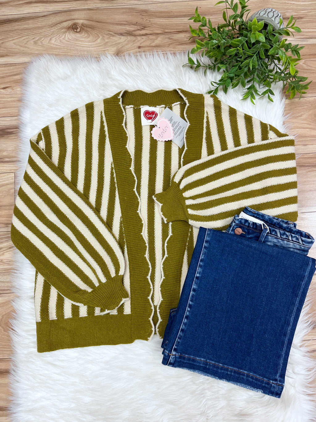 Olive & Oatmeal Stripe Open Front Cardigan - Women’s Cardigan Top - by LovLov - Loose Fit