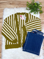Olive & Oatmeal Stripe Open Front Cardigan - Women’s Cardigan Top - by LovLov - Loose Fit