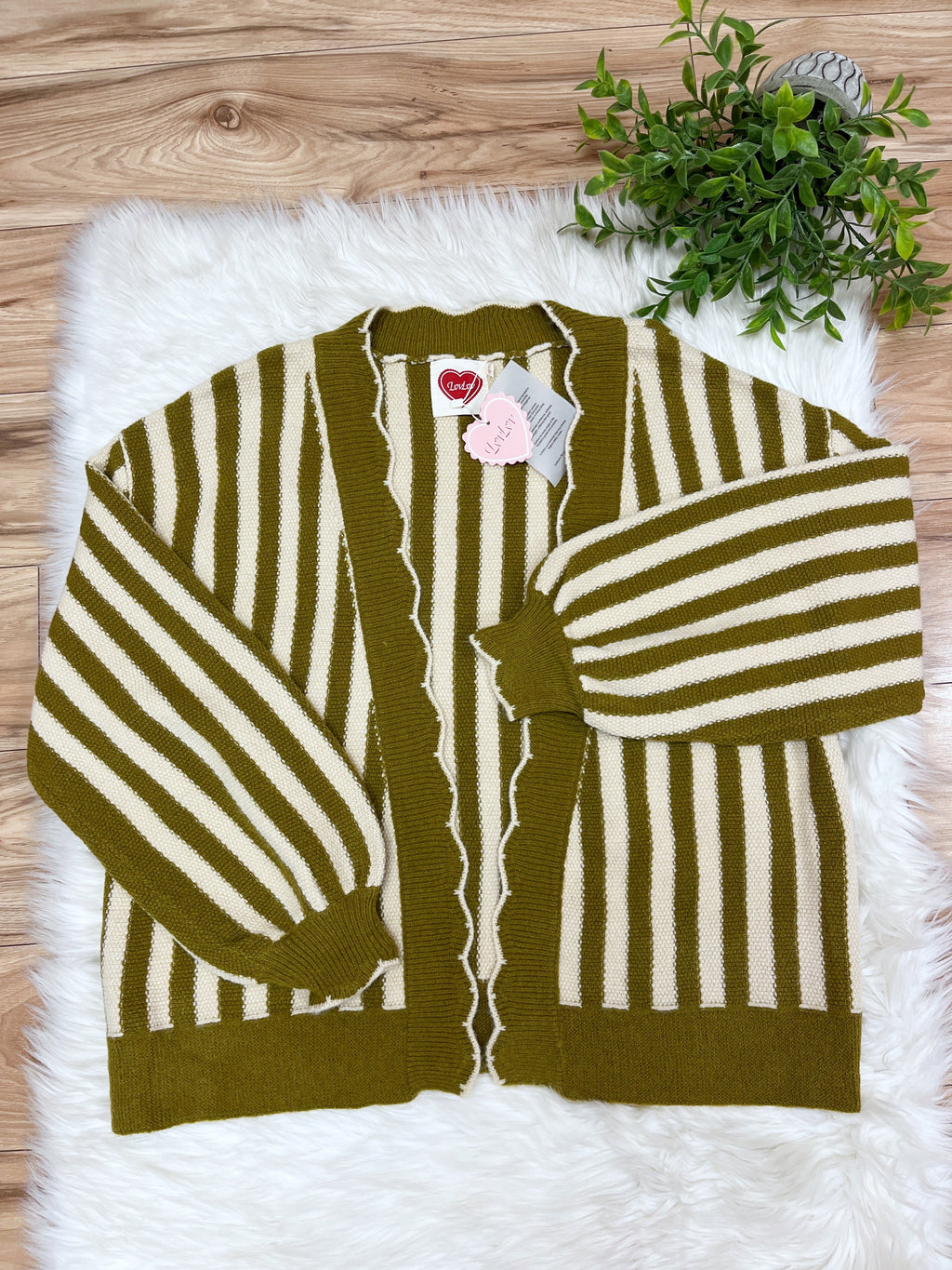 Olive & Oatmeal Stripe Open Front Cardigan - Women’s Cardigan Top - by LovLov - Loose Fit